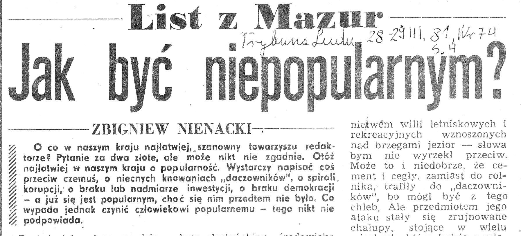 Read more about the article <strong>List z Mazur. Jak być nie popularnym? Felieton Zbigniewa Nienackiego z roku 1981.</strong>